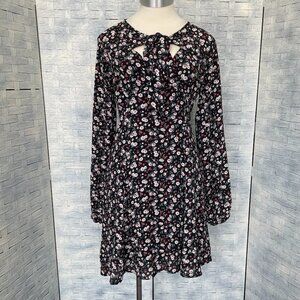 Flying Tomato Mini Dress‎ M Black Floral Cutout Tie Neck Long Sleeve